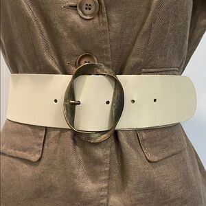 Eksept Cream Wide Belt Gold Buckle Leather Waist Belt Size Medium